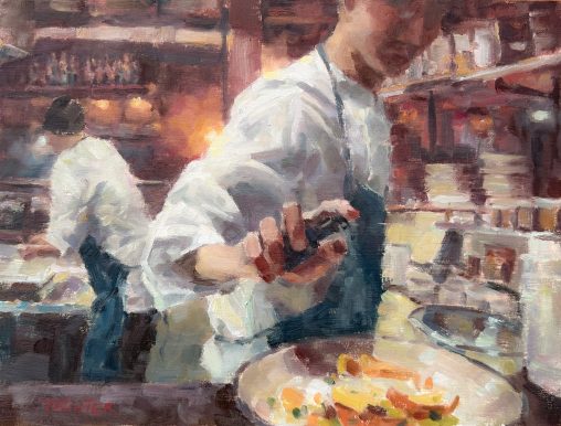 Oil Painting of Kitchen Scene in Good Luck Restaurant