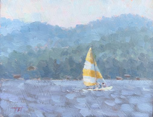 The Sunbather -a painting of an Adirondack Camp with Boat in Inlet Ny