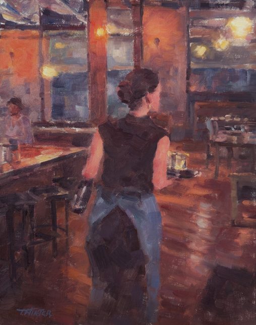 First Round - A Painting by Tim Winter of Waitress at Good Luck Restaurant bar