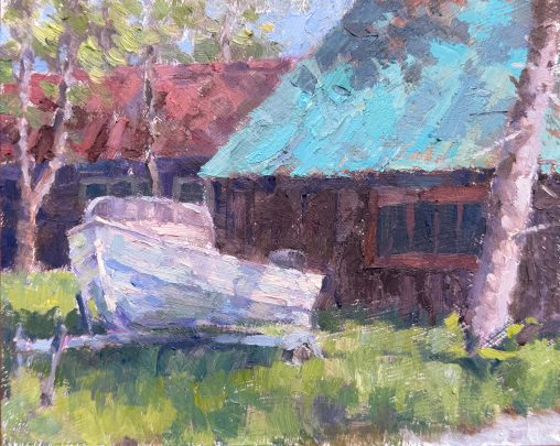 The Sunbather -a painting of an Adirondack Camp with Boat in Inlet Ny